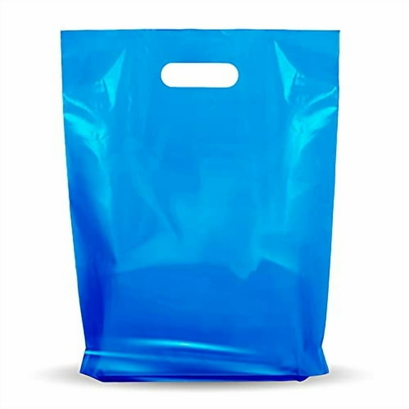 100 Pack 12" x 15" with 1.25 mil Thick Blue merchandise plastic glossy retail gags with die cut handles, perfect for shopping, party favors, birthdays, children parties. Color Blue, 100% recyclable