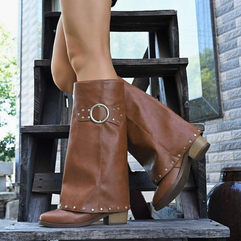 Aihuaihua Knee High Boots for Women Almond Toe Pull-on Wedge Heel