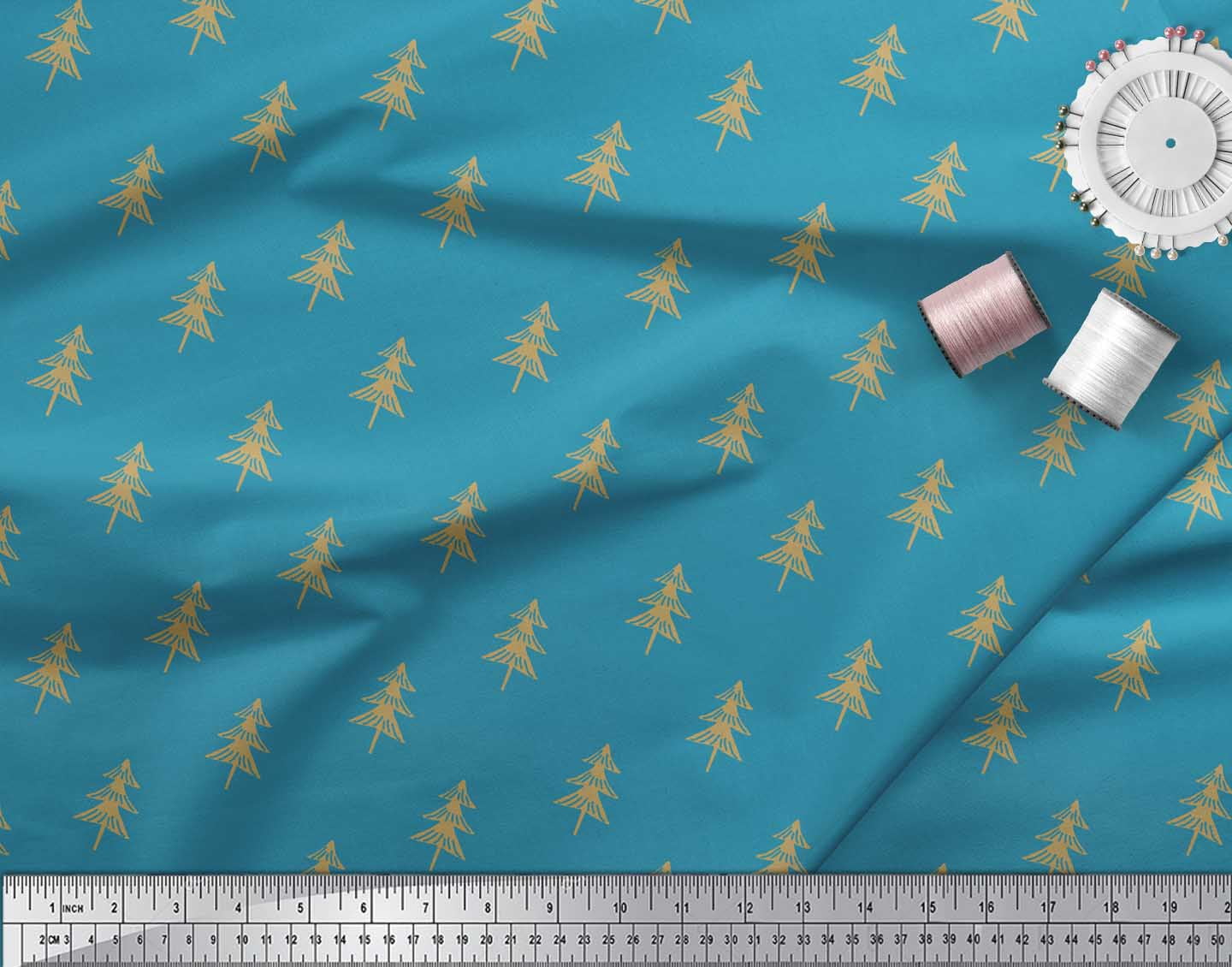 Soimoi Blue Silk Fabric Christmas Tree Printed Craft Fabric by the Yard 42 Inch Wide