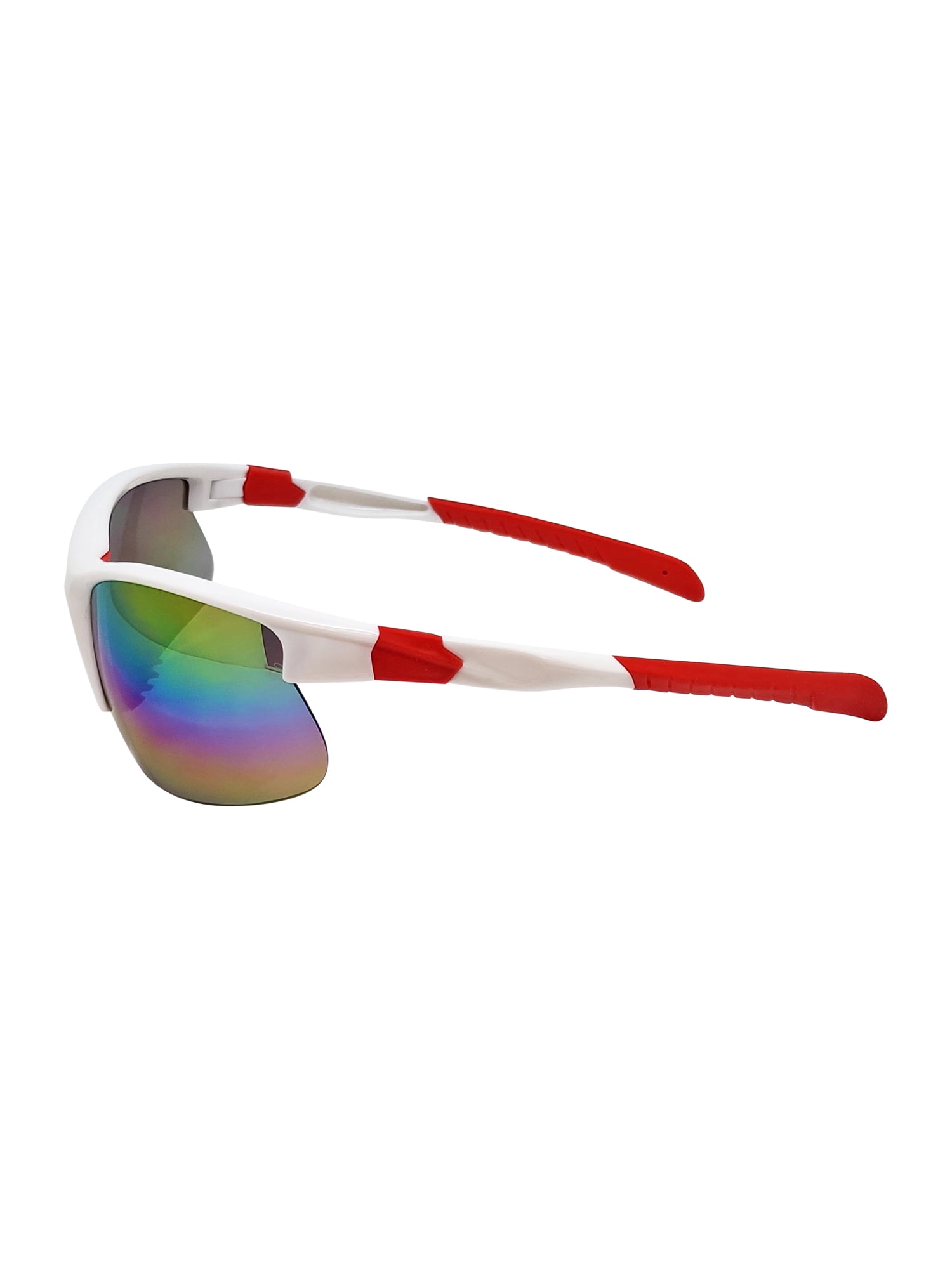 Mens Plastic Sports Wrap Semi Rim Sunglasses with White Frames and Rainbow Mirrored Lenses