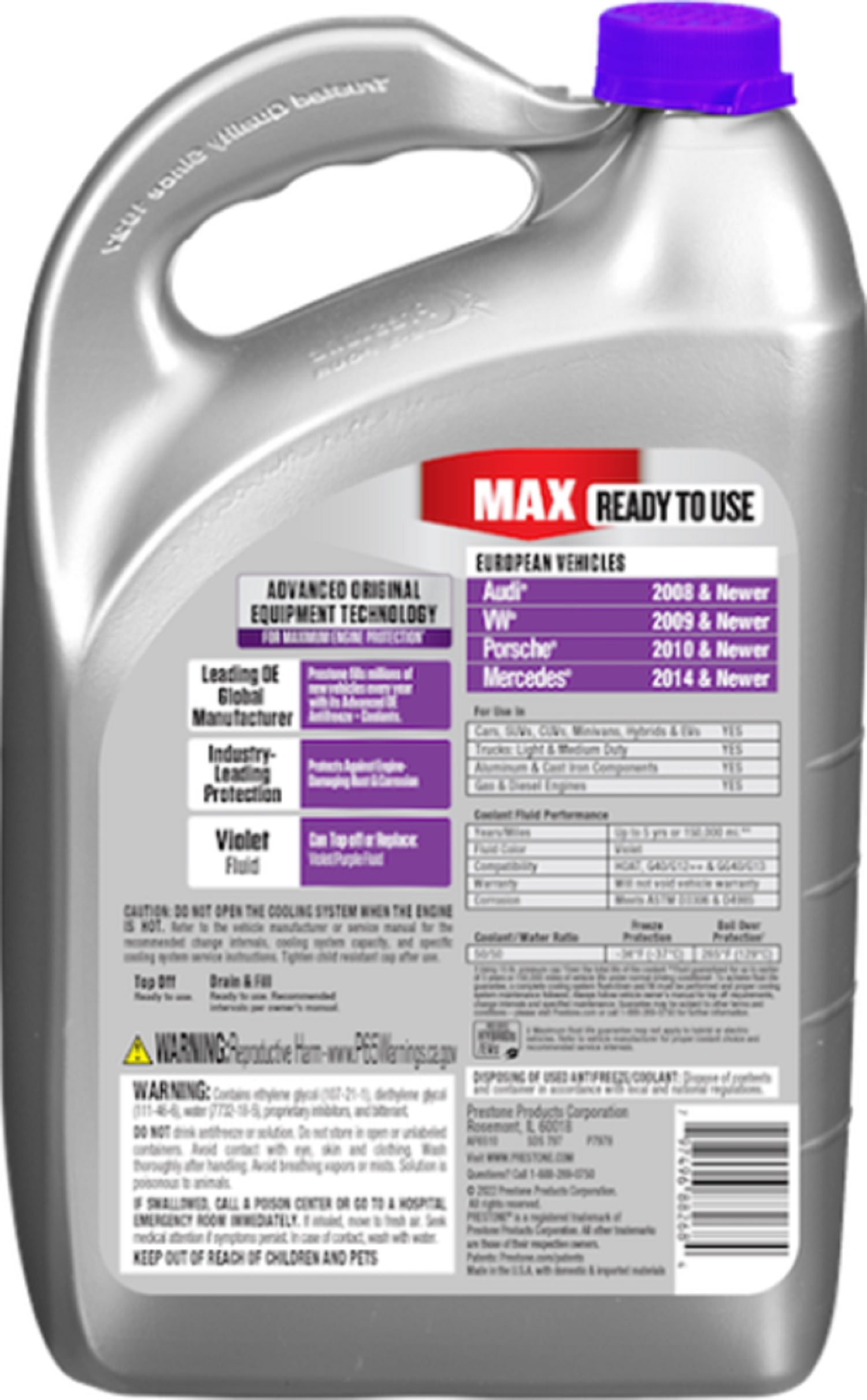 Prestone Max AF6510 Violet Ready to Use Antifreeze Coolant for European Vehicles - Audi, Volkswagen, Porsche, Mercedes