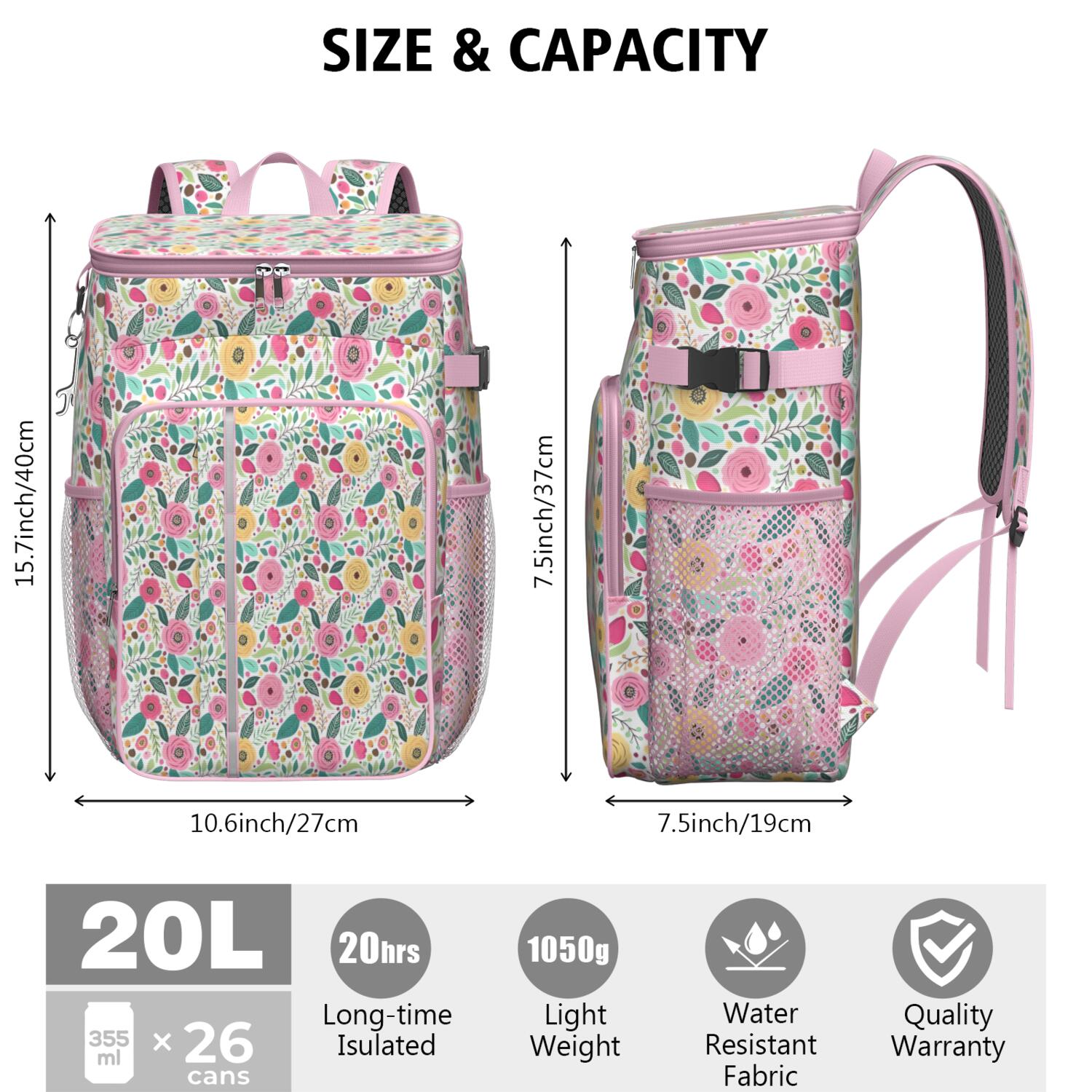 Travel Cooler Bag - Pioneer Flower Floral Print Pattern Camping Beer Cooler Backpack with Bottle Opener- Waterproof Insulated Picnic Backpacks - Cooler Bag for Beach