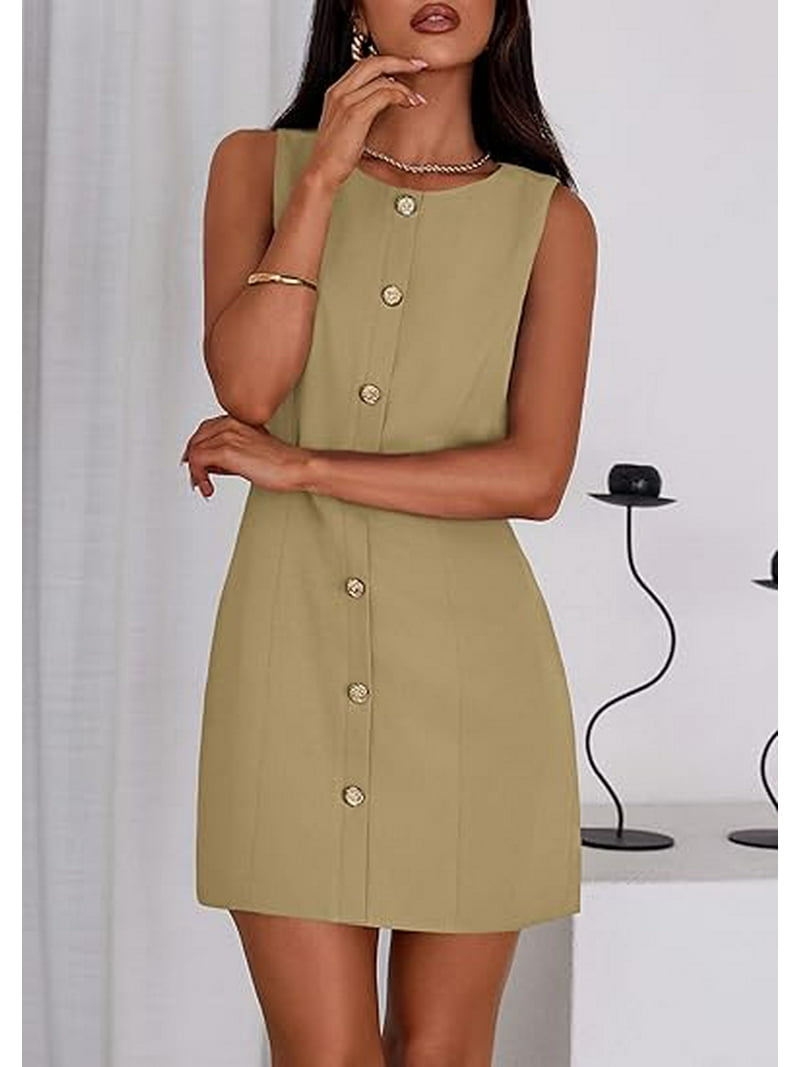 PRETTYGARDEN Work Dresses for Women Summer Business Short Dress Sleeveless  Button Down Formal Elegant Office Outfits