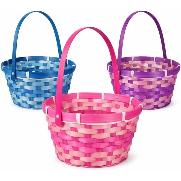 3 Woven Bamboo Easter Baskets Round with Handles Reusable Gift Treat Baskets for Egg Hunts, Crafts & Storage – Colors May Vary