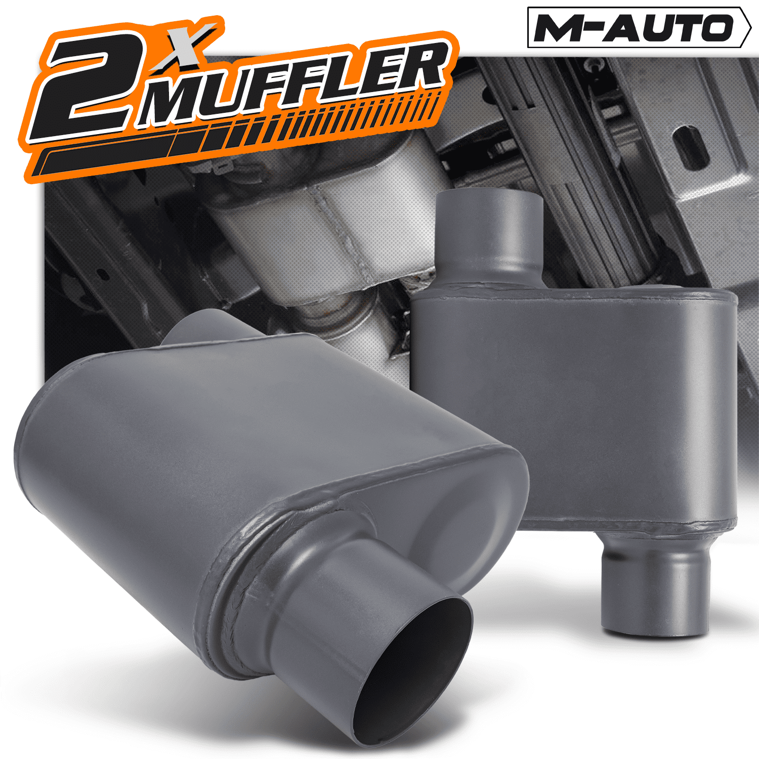 M-AUTO 2.25 Inch Inlet/Outlet 1Pair Chambered Exhaust Muffler Straight-Through Stainless Steel Round Tip,Gray