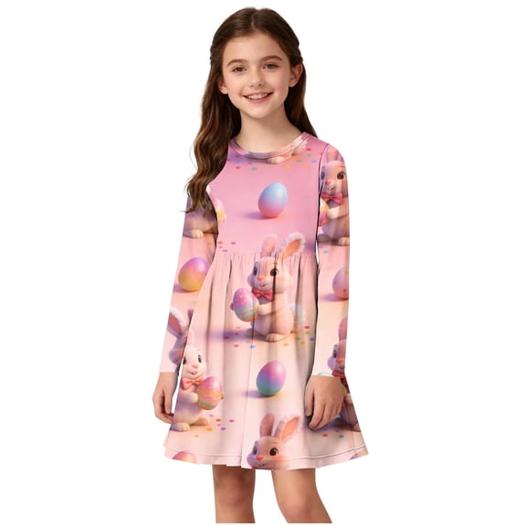 Girls Easter Dress Long Sleeve Bunny Print Pink Easter Spring Casual Church Dress Ages 4-14,Size 11-12 T