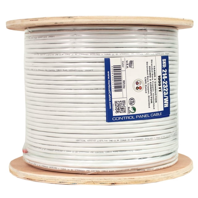Vertical Cable Lighting Control Cable Riser: 22/2 (Shielded) Data + 16/2 Power, Stranded Bare Copper Conductors, White, 1000ft Spool