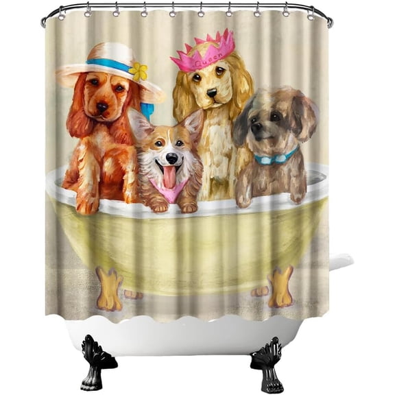 Puppy Shower Curtain Cute Dogs Animal in Bathtub Bathroom Decor Funny Fabric Curtain for Kids Hooks Included 72"x72"
