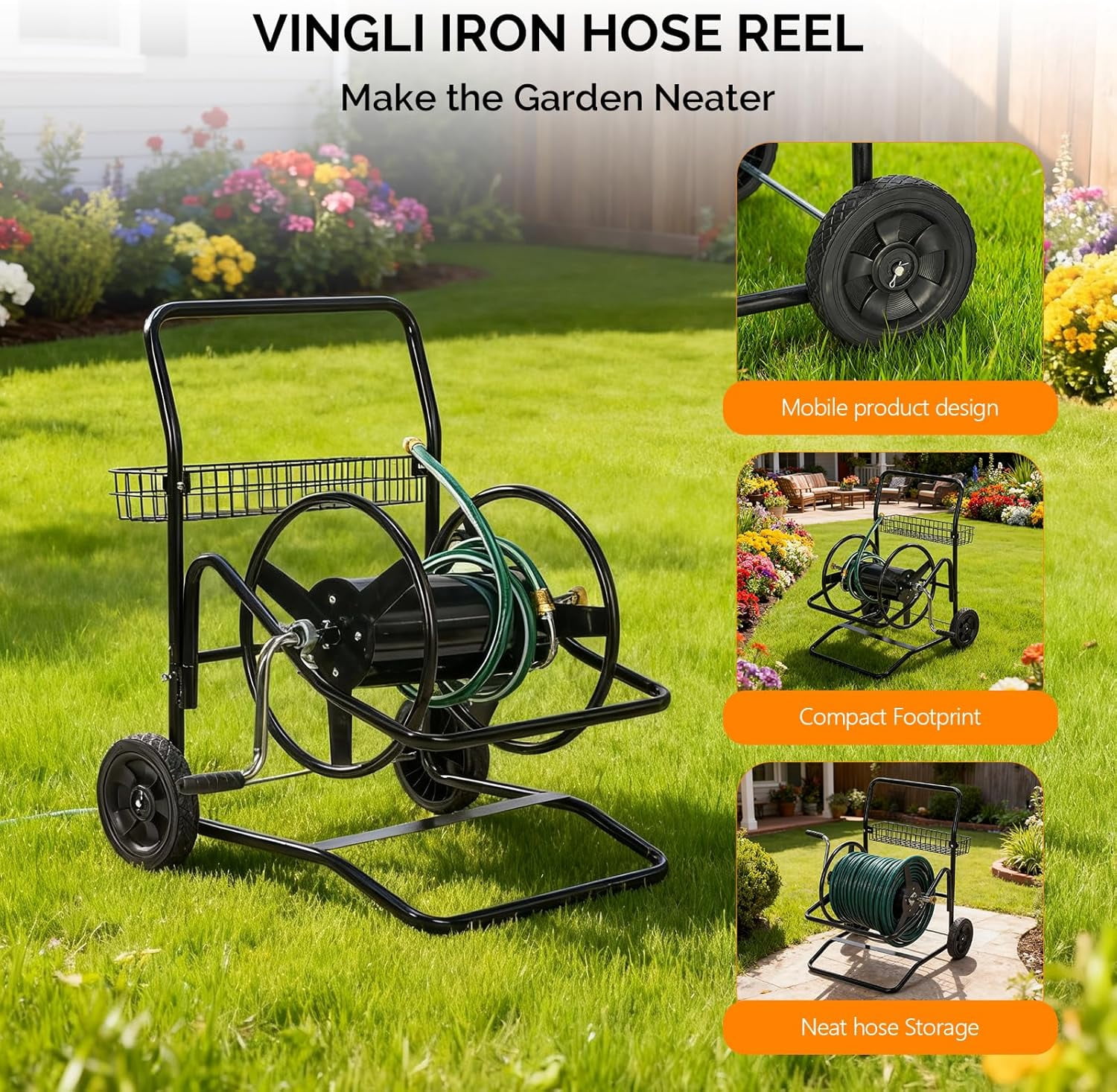 HJTER 2-Wheel Garden Hose Reel Cart, Freestanding Water Hose Reel for Outside with Heavy Duty Portable Rolling Design Metal, 200FT Capacity for 3/4" Hose for Outdoor Use (Black)