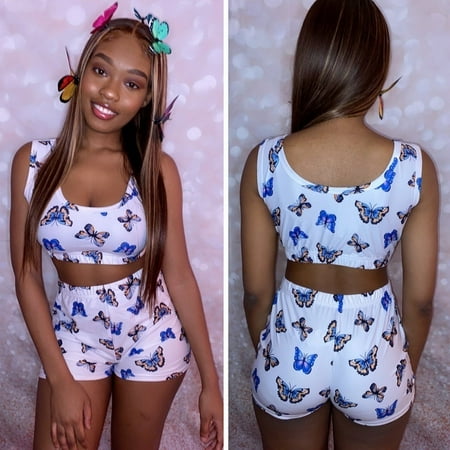 

Womens 2 Piece Set Pajama Sets Fashion Sleeveless Crew Neck Crop Top&Shorts Nightwear Set Slim Sleepwear