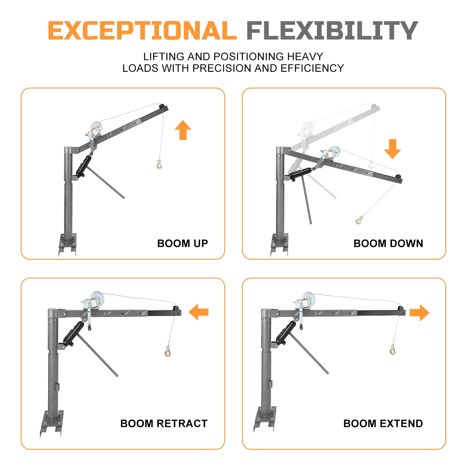 Mescukay Hydraulic Truck Crane Hoist, 1,000 lbs Capacity with Cable Winch, 4 Adjustable Lifting Capacity (500 lbs, 600 lbs, 800 lbs, 1000 lbs) for Trucks (Non-Electric)