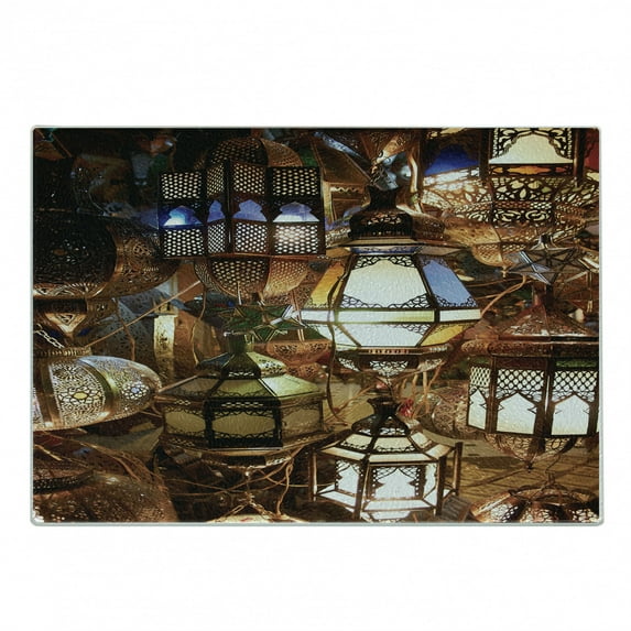 Moroccan Cutting Board, Lanterns Souk Evening Culture Historical Traveling Destinations, Decorative Tempered Glass Cutting and Serving Board, Small Size, Brown Purple Green, by Ambesonne