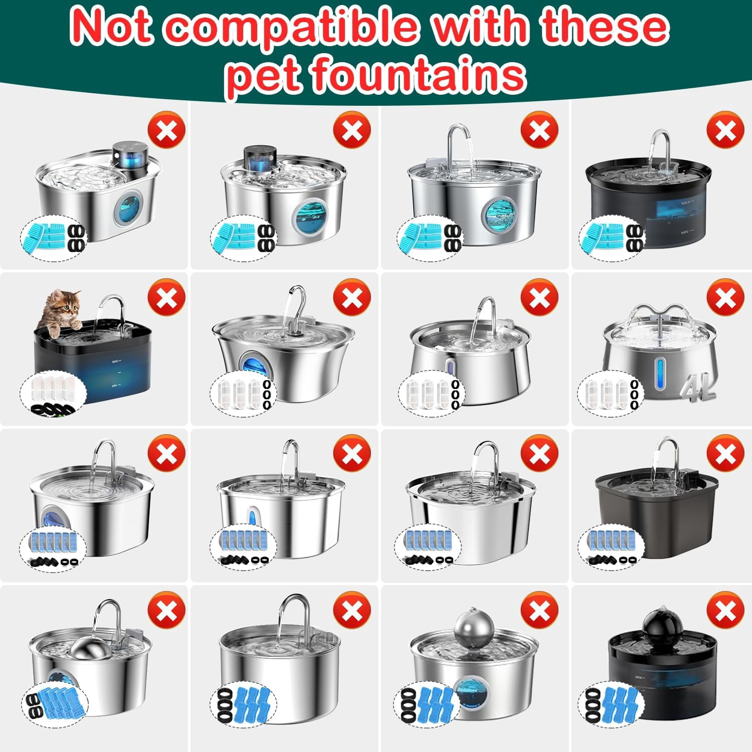 Cat Water Fountain Filter,8 Pack Cat Fountain Replacement Filters for Stainless Steel 67oz/2L Adjustable Water Flow Pet Water Fountain,Dog Water Fountain (4+4 Pack)