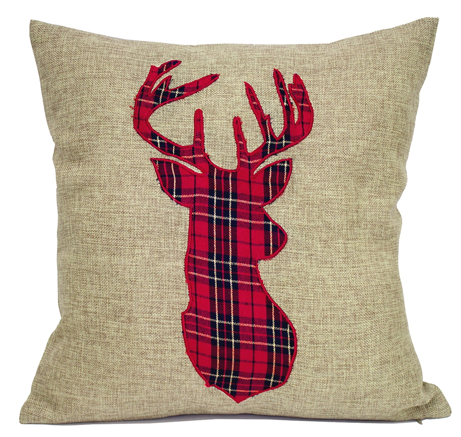 Plaid Deer Embroidered Christmas Throw Pillow 17"x17"