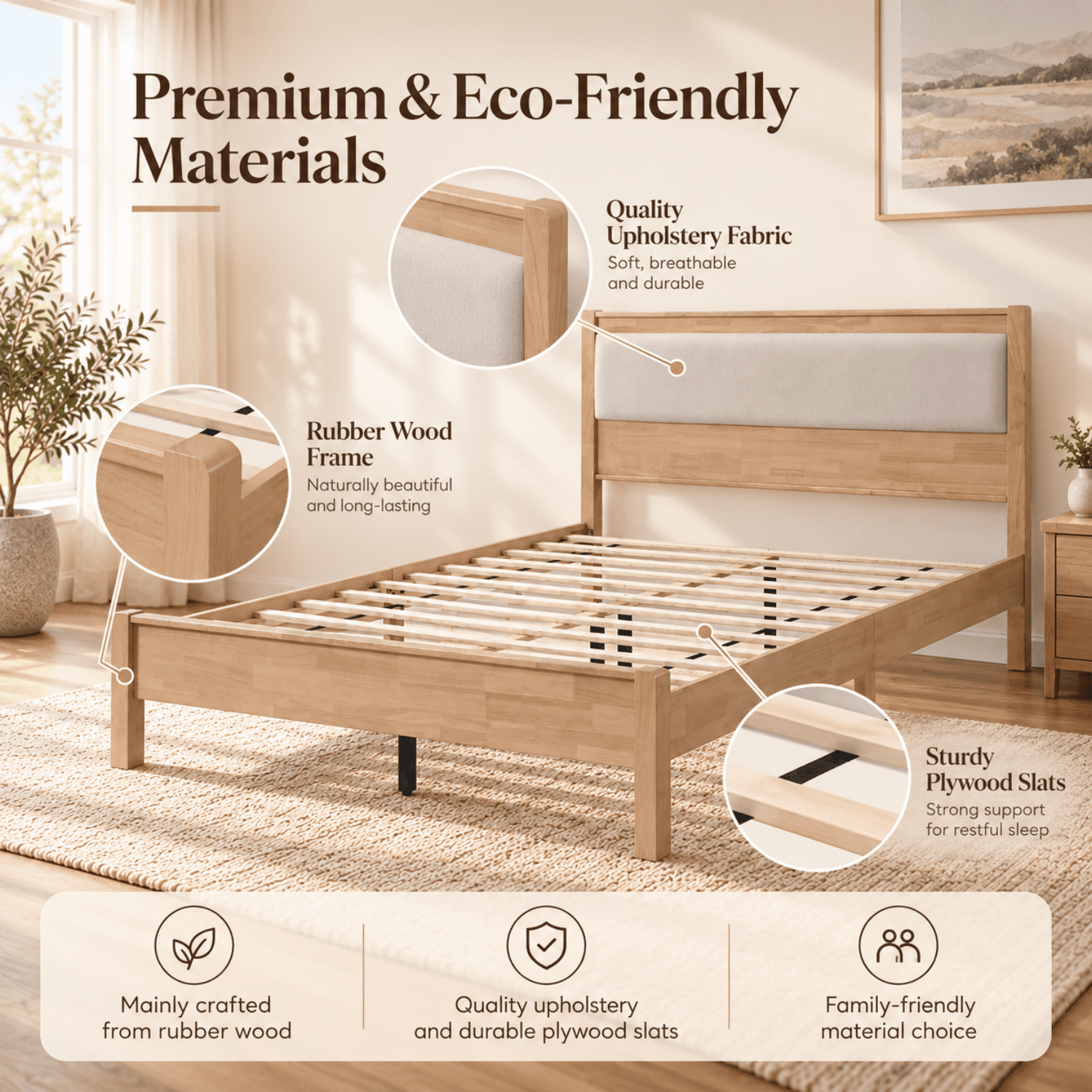 Miniyam Queen Rubberwood Platform Bed Frame with Padded Upholstered Headboard, Natural