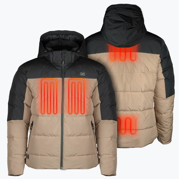 Mobile Warming Crest 2.0 Heated Down Jacket for Men, 600-Fill RDS Duck, Dual-Zone Control, Tan/Black, Small