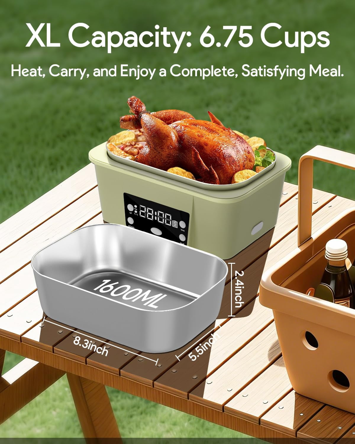 WORKHAW Electric Lunch Box, 6.75 Cup Automatic Food Warmer (212°F), Rechargeable Portable Heated Meal Container for Office, Travel, Outdoor (Light Green)