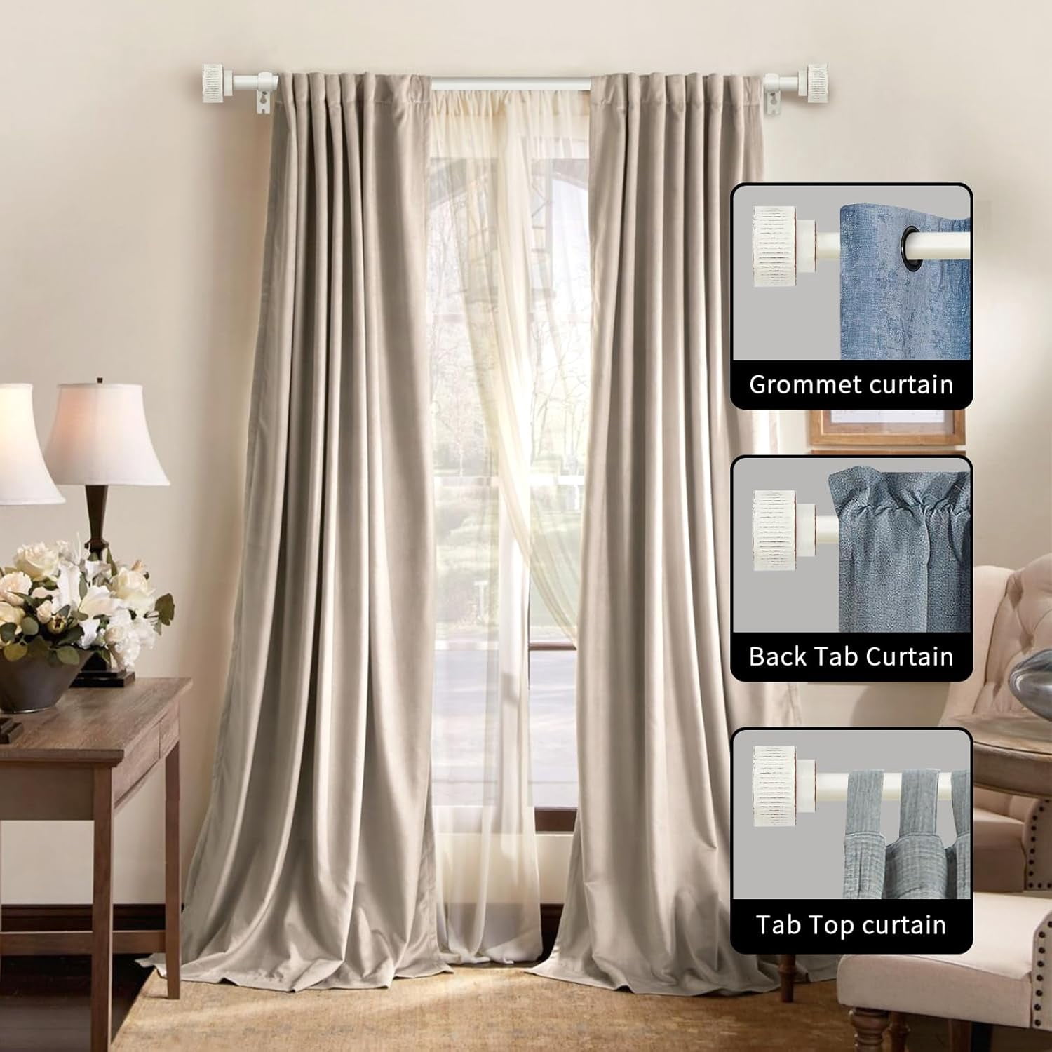eTeckram 5/8" Double Curtain Rod with Bouton Finials,Weathered White,84‘’-120‘’