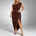 thumbnail image 2 of Women's Plus Size One Shoulder Midi Dress Ruched Split Short Sleeve Bodycon Dresses Coffee L(L), 2 of 6