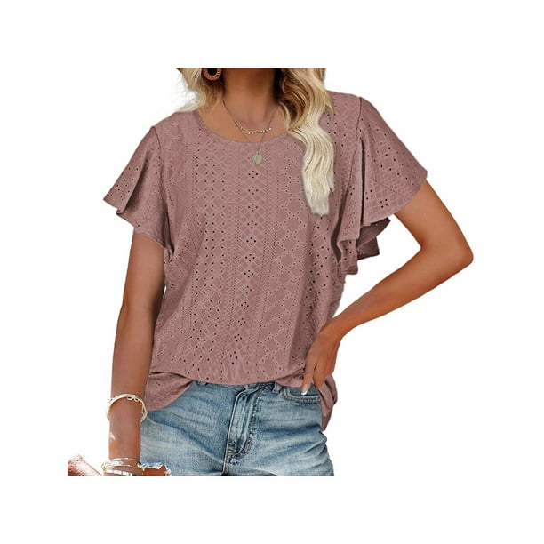 SAYOO Tops de mujer, cuello redondo con volantes, manga corta, ganchillo, hueco, suéter suelto, camiseta de color sólido SAYOO Moda