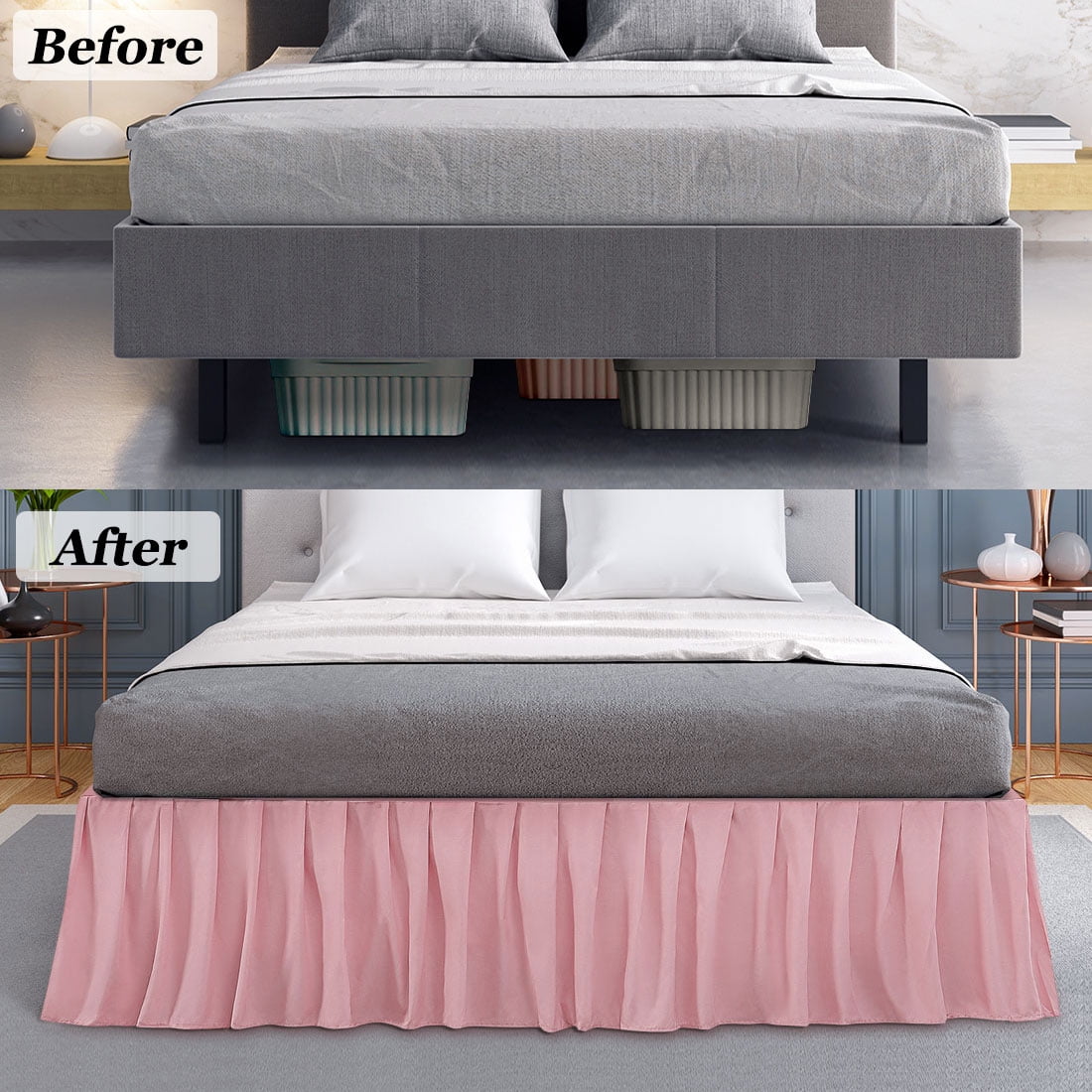 Unique Bargains Polyester Ruffled Bed Skirt with 16" Drop Queen Pink