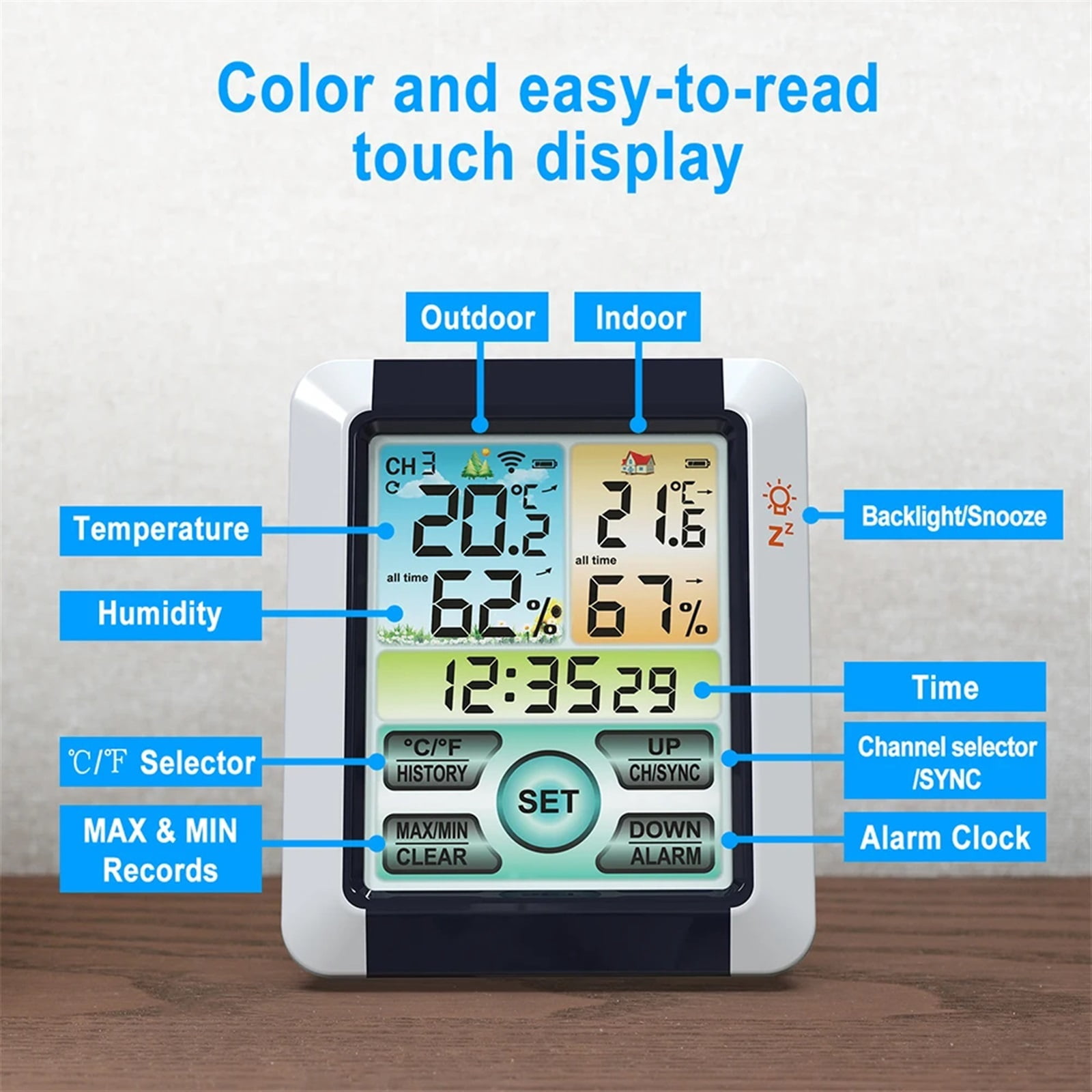 Wireless Weather Station Large Screen Digital Indoor Outdoor Thermometer Hygrometer Monitor Alarm Clock with Transmitter Sensor ,Excellent Visual Experience
