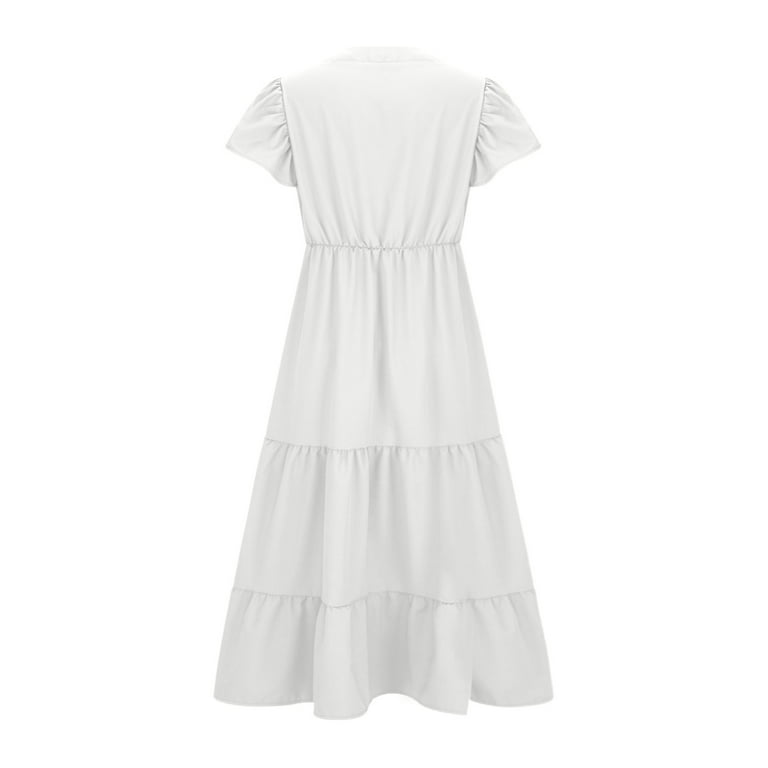 Capreze Ladies Long Dress Off Shoulder Maxi Dresses Solid Color Evening Gown  Casual Short Sleeve White M 