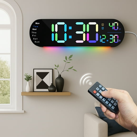Large Digital Wall Clock with Dual Alarms and 10-Level Automatic Brightness Adjustment Remote Control to Easily Set The Wall Clocks, 13’’ Colorful Wall LED Clock for Bedroom, Living Room Decor