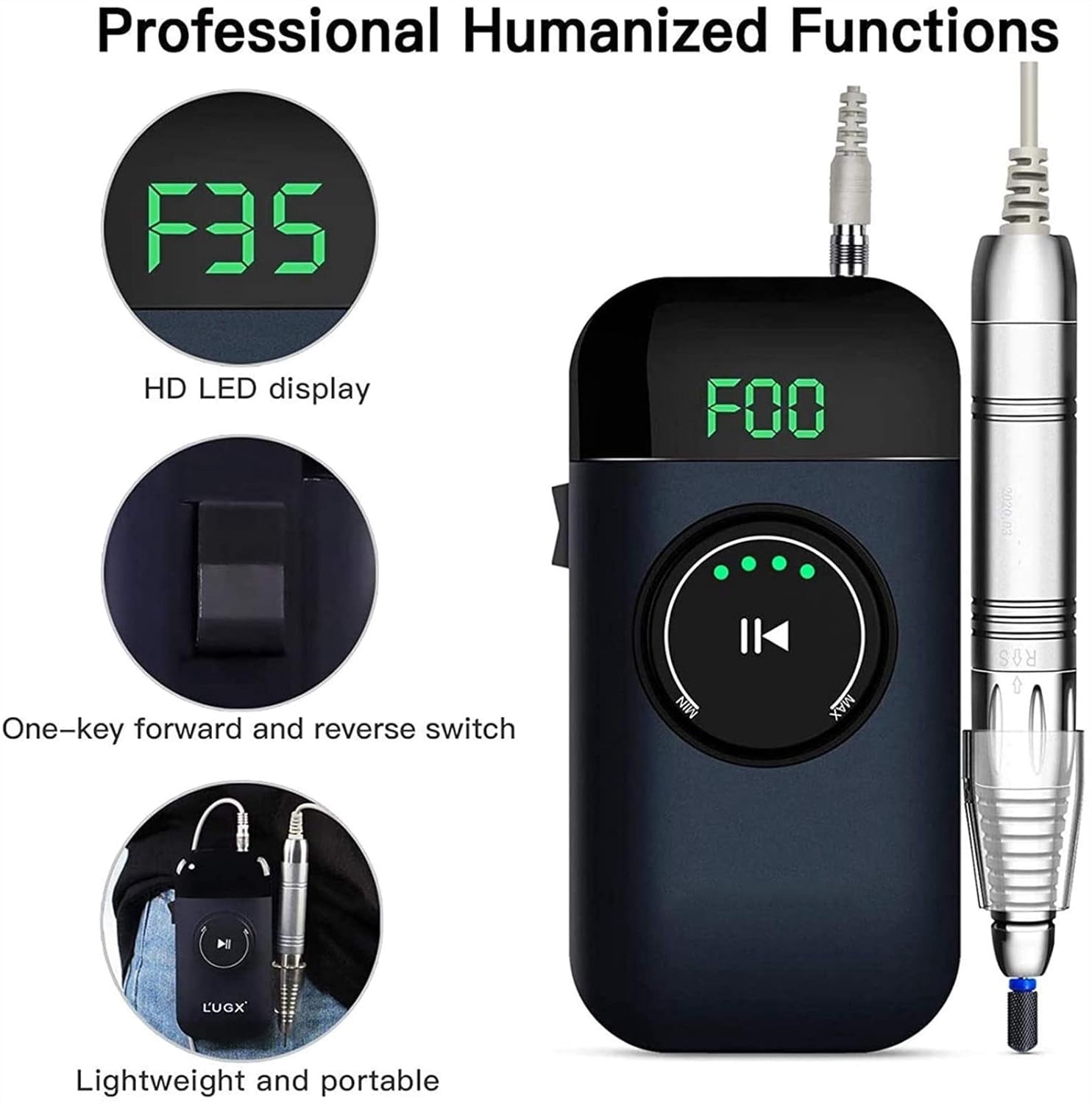 Nail Drill Electric Nail Files Portable Rechargeable File Kit 35000RPM, Professional Electric Manicure and Pedicure Set Nail Drill Machine for Acrylic Nails and Gel Nails