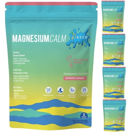 DEZEN Calm Magnesium Drink Mix with Magnesium Glycinate, Ashwagandha, L-Theanine, Relaxation & Stress Support, Pack 5