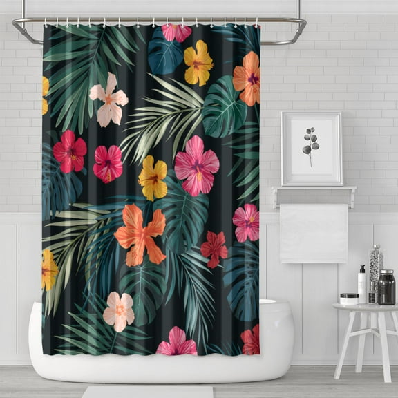 Hawaiian Hibiscus Shower Curtain Tropical Floral Print Waterproof Bathroom Drapes 72x72 Inch Quick Dry Machine Washable Includes 12 Hooks Boho Style