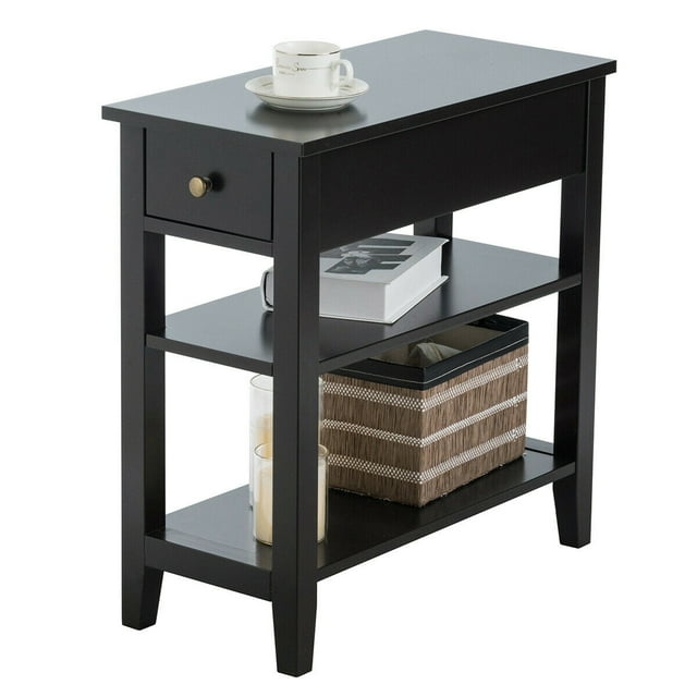Gymax 3 Tier Nightstand Bedside Table Sofa Side End Table w/Double Shelves Drawer Black