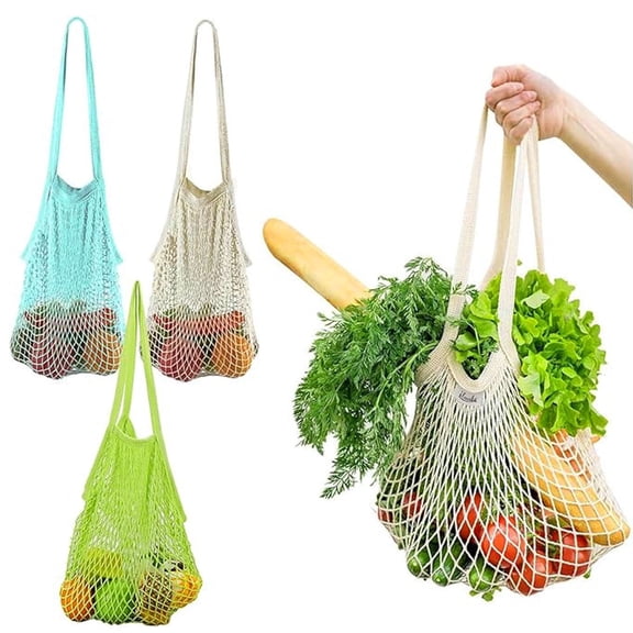 3 Pack Reusable Produce Bags Cotton Mesh Grocery Bags,Portable Washable Long Handle Shopping Bag 100% Cotton Mesh Tote Bag Fruit Bag For Shopping ,Travel And Storage Fruit Vegetable