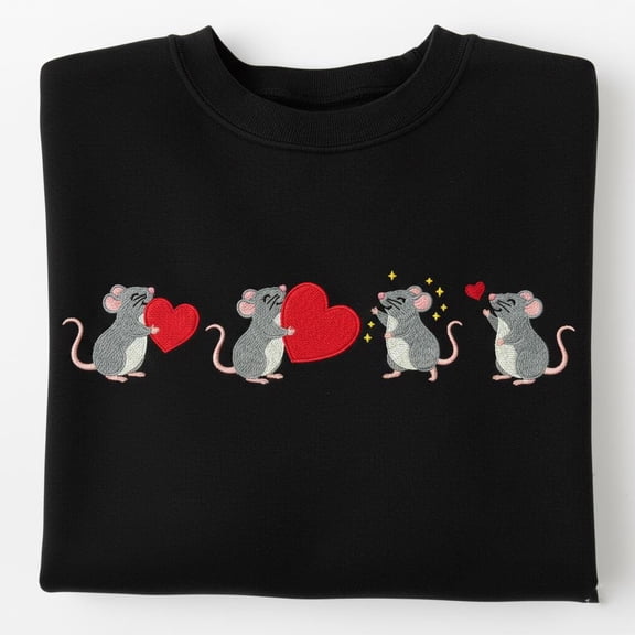 Cute Embroidered Mice with Hearts Sweatshirt, Funny Rat Lover Crewneck, Valentine's Day Animal Gift, Rodent Pet Owner Apparel
