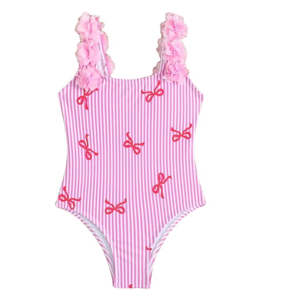 Agkizg Girls One-Piece Swimsuit Bow Floral Print Shoulder Strap Swimwear for Kids Youth Teens Beach