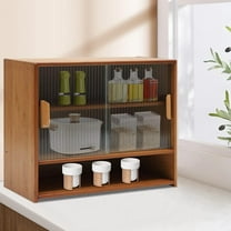 Small Bamboo Kitchen Pantry Sideboard, Freestanding Countertop Storage Cabinet with 2 Glass Doors, Sliding Pantry Cabinet for Bottles, Dish, Bowl, Console Dining Cupboard