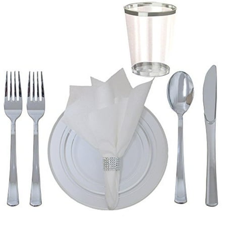 Dessert Plates Assorted Set 360 Piece Disposable Plastic Wedding Tableware Silverware Set. Silver Rimmed Dinner & Dessert Plates, Silver Cutlery Set, Silver Rimmed Tumblers, Linen Feel Napkins With Rhinestone Napkin Rings. ()