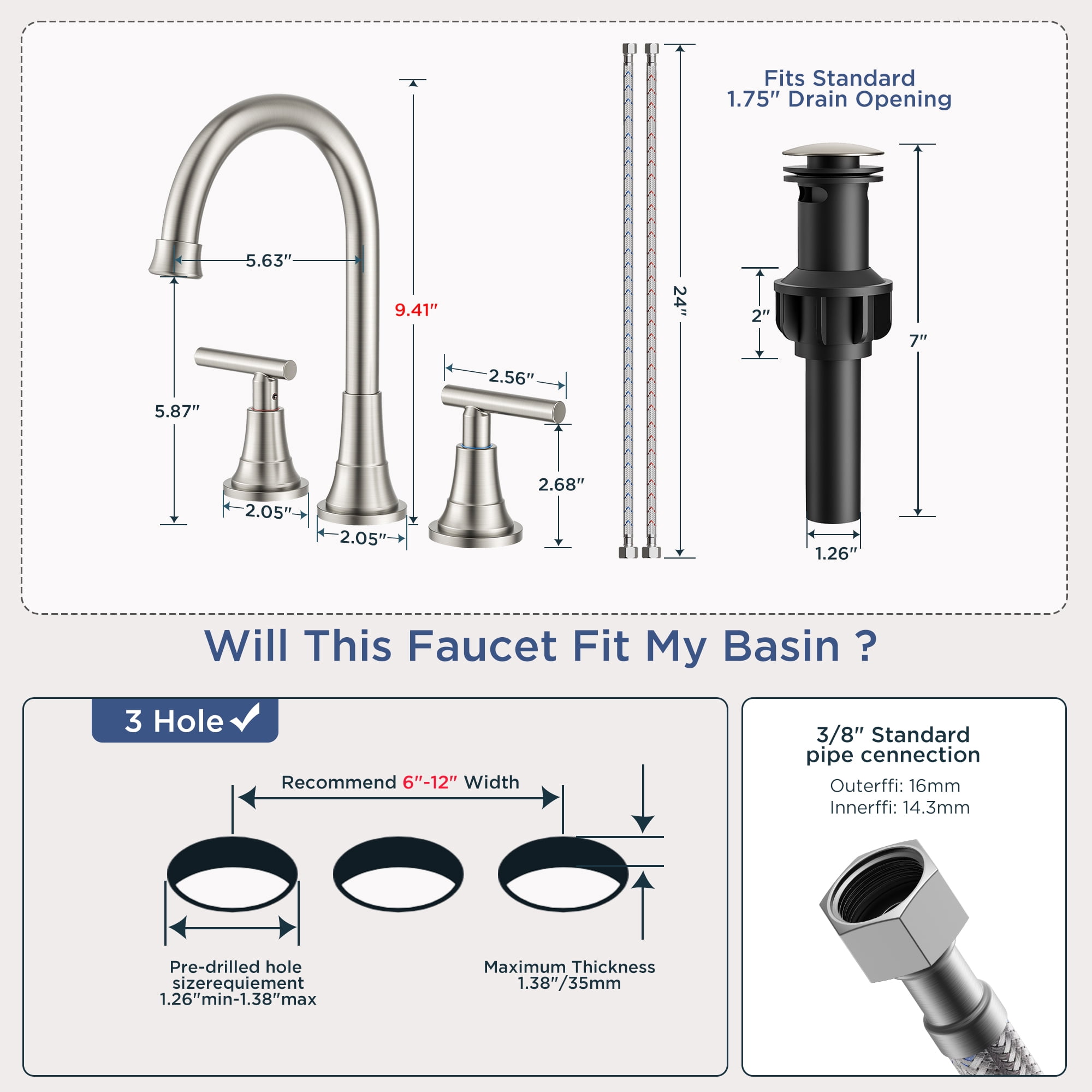 TVOFEK 8 inch Widespread Bathroom Sink Faucet 3 Hole with Pop up Drain and cUPC Hose, 2 Handle Brushed Nickel Vanity Faucet with 360° Spout for Restroom, RV, Bar