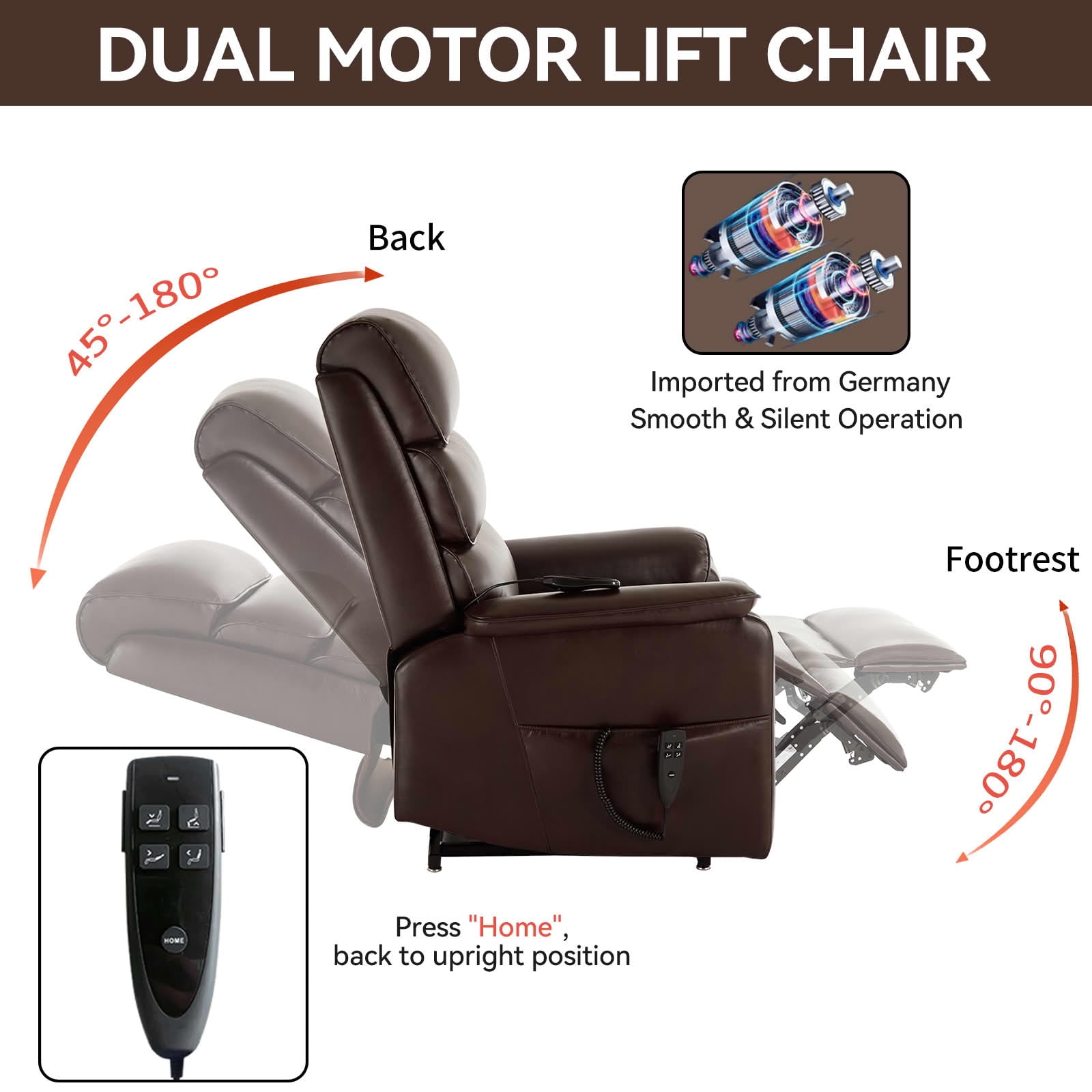 MAYEERTY Brown Dual Motor Power Lift Recliner, 350lbs 180° Infinite Position Heat Massage Chair with Remote Heavy Duty for Home