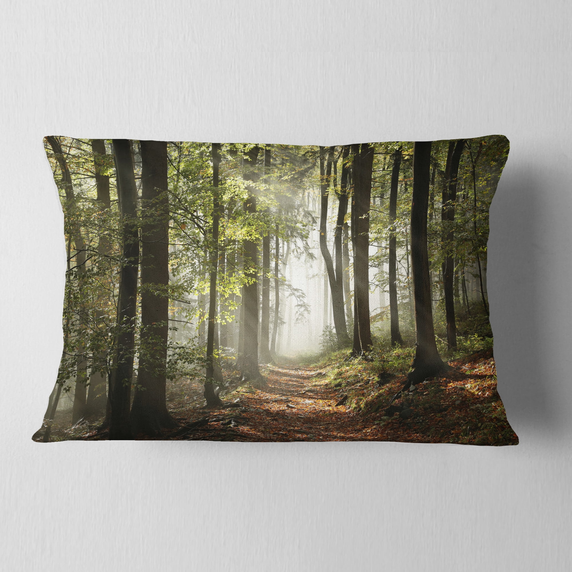 Designart Green Fall Forest with Sun Rays - Landscape Photography Throw Pillow - 12x20