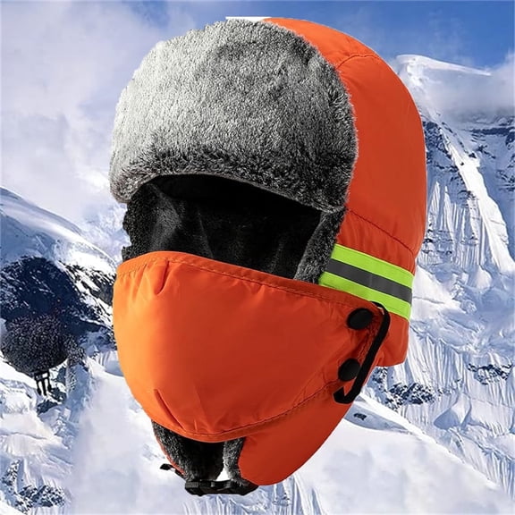 Reflective Safety Winter Ski Fur Hat Tutuviw Outdoor Warm Windproof Cap Warm Ice Fishing Trapper Cap Headwear Trapper Hat with Earflap and Face Mask for Men Women