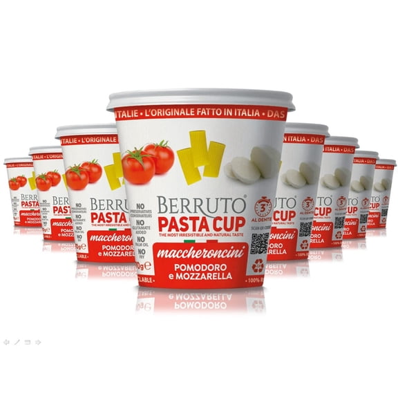 Berruto Individual Pasta Cup 2.4 oz, KKS1 Pomodoro Mozzarella - Recyclable Microwave Pasta Food Meals - No Palm Oil, Non-Preservatives - (8 Pack)