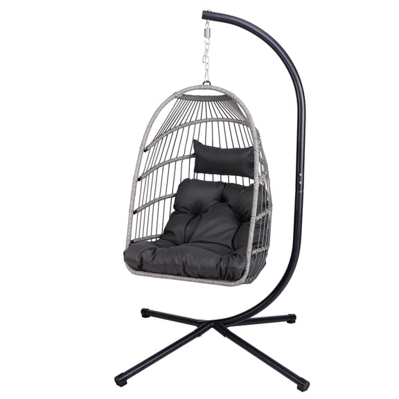 Outdoor Swing Egg Chair with Stand, Patio Wicker Swing Egg Chair, Indoor Foldable Swinging Chair, Outdoor Hammock Egg Chair, UV Resistant Cushions, for Indoor Outdoor Porch Garden, 350Lbs