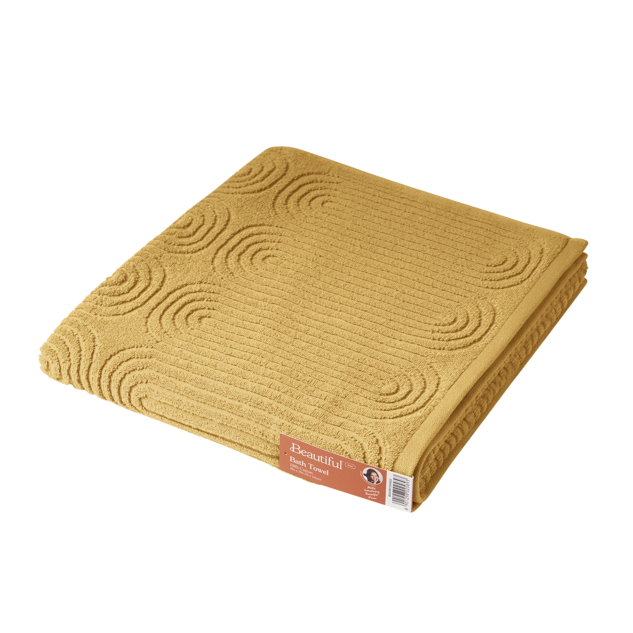 Beautiful by Drew Barrymore Textured Bath Towel, 100% Cotton, Amber Yellow