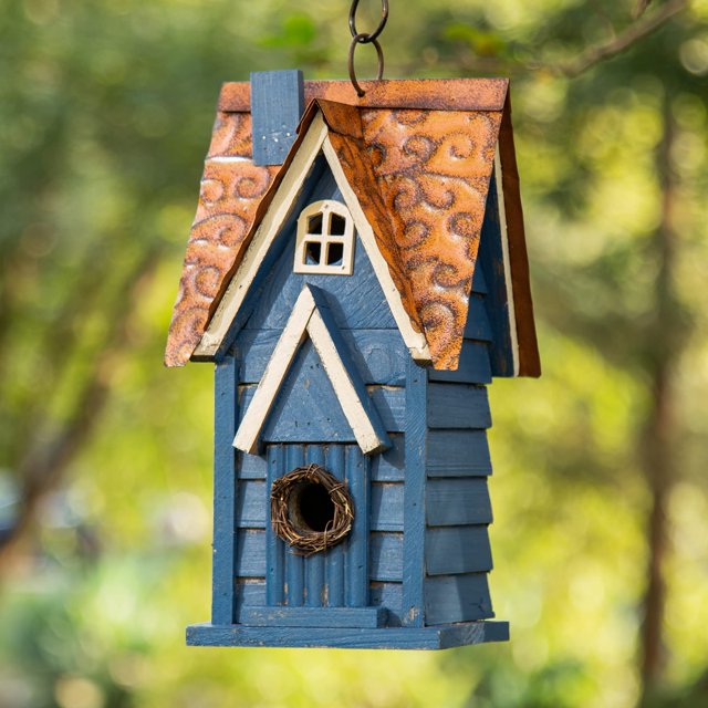 Casita de Pájaros de Madera Colgante Glitzhome GH90096 Azul 17x14x31 cm