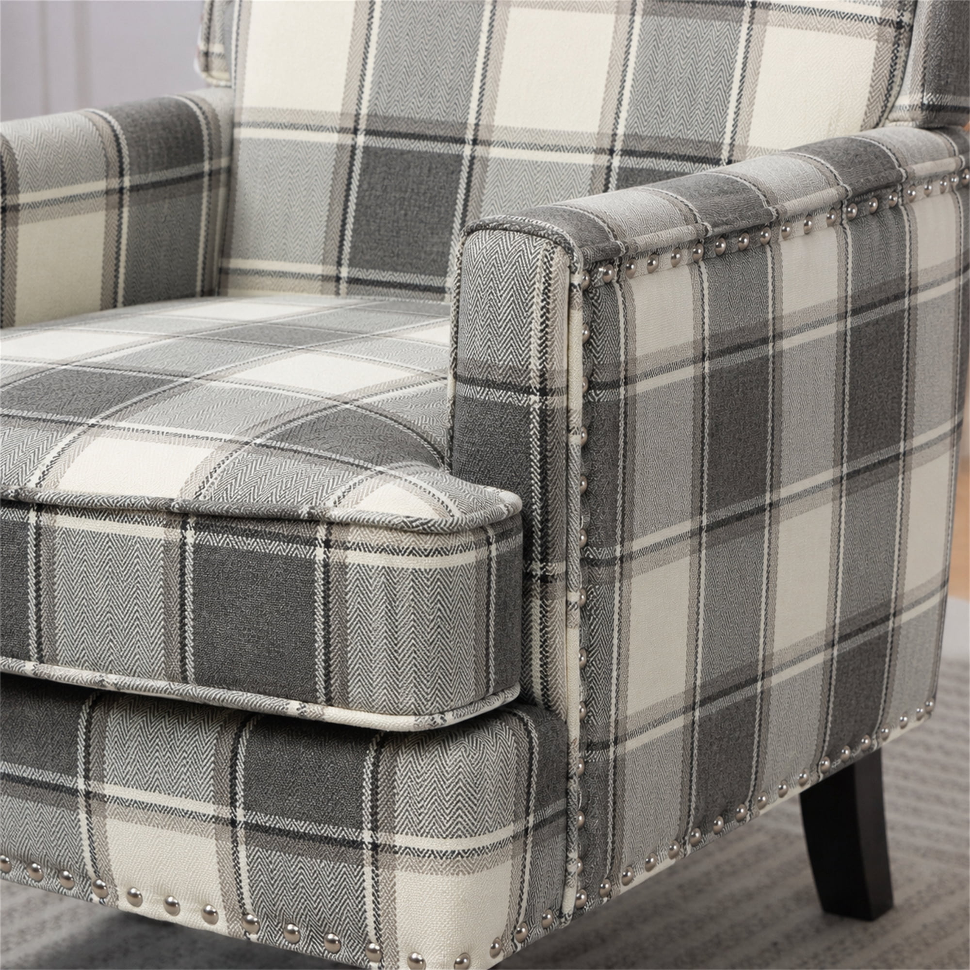 Aukfa Vintage Accent Chair Mid-Century Modern High Back Armchair for Living Room, Nailhead Trim, Antique Grey