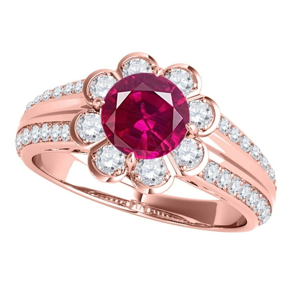 Mauli Jewels Engagement Rings for Women 1.25 Carat Halo Created Ruby And Diamond Engagement Ring 4 prong 14k Solid Rose Gold