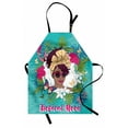 thumbnail image 1 of Afro Girl Apron, Tropical Mood Message with a Woman Hibiscus Butterfly Palm Flowers, Unisex Kitchen Bib with Adjustable Neck for Cooking Gardening, Adult Size, Turquoise and Magenta, by Ambesonne, 1 of 4