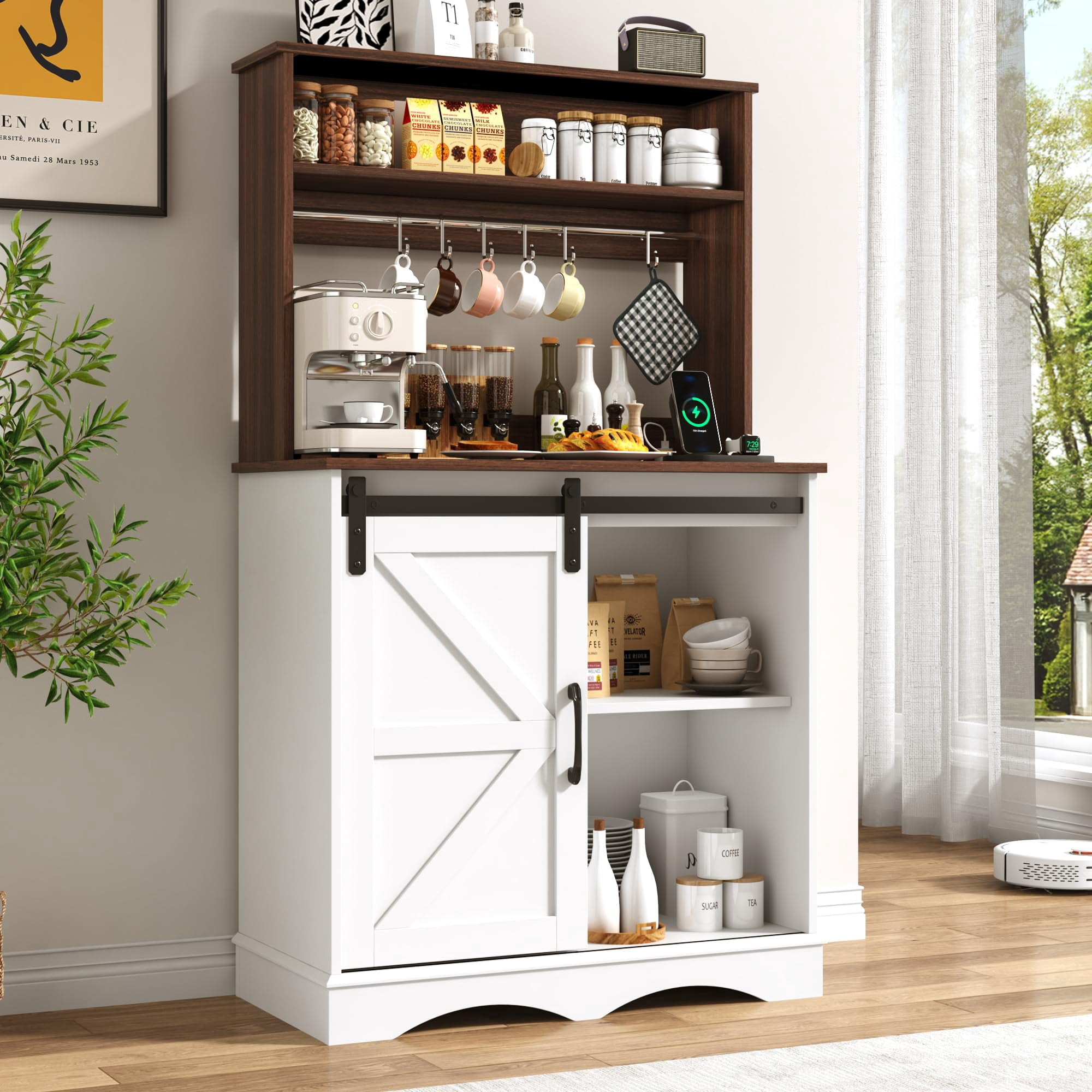 ChVans 55.1" H Farmhouse Coffee Bar Cabinet with Storage Hutch, Kitchen Wood Coffee Bar Station with Charging Station & 6 Hooks & Adjustable Shelf and Sliding Barn Door for Kitchen, Living Room
