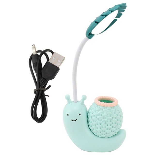 Lámpara LED de noche con protección ocular de caracol, lámpara de lectura con carga USB y portalápices para niños, color azul
